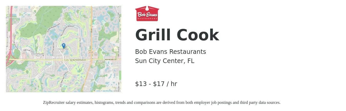 Bob Evans Restaurants job posting for a Grill Cook in Sun City Center, FL with a salary of $14 to $18 Hourly with a map of Sun City Center location.