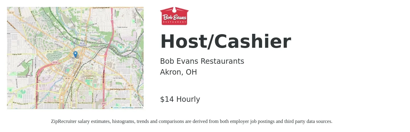 Bob Evans Restaurants job posting for a Host/Cashier in Akron, OH with a salary of $15 Hourly with a map of Akron location.
