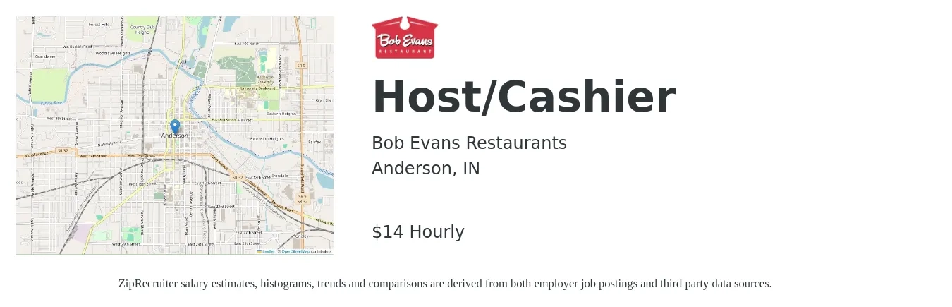 Bob Evans Restaurants job posting for a Host/Cashier in Anderson, IN with a salary of $15 Hourly with a map of Anderson location.