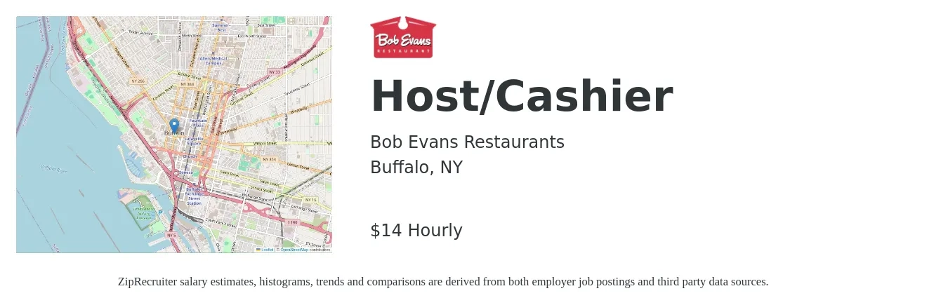 Bob Evans Restaurants job posting for a Host/Cashier in Buffalo, NY with a salary of $15 Hourly with a map of Buffalo location.