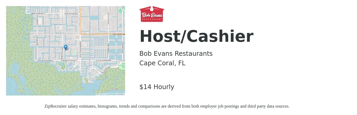 Bob Evans Restaurants job posting for a Host/Cashier in Cape Coral, FL with a salary of $15 Hourly with a map of Cape Coral location.