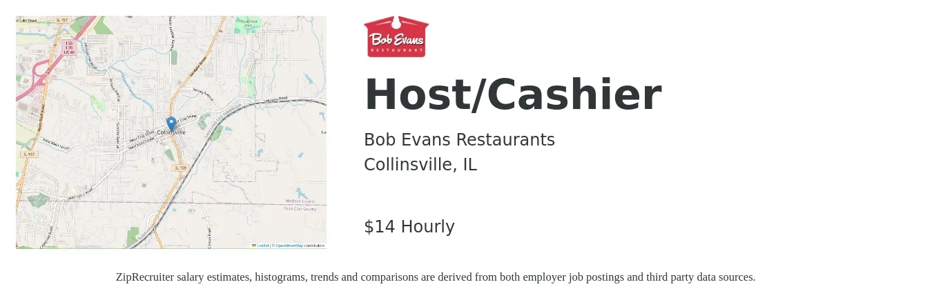 Bob Evans Restaurants job posting for a Host/Cashier in Collinsville, IL with a salary of $15 Hourly with a map of Collinsville location.