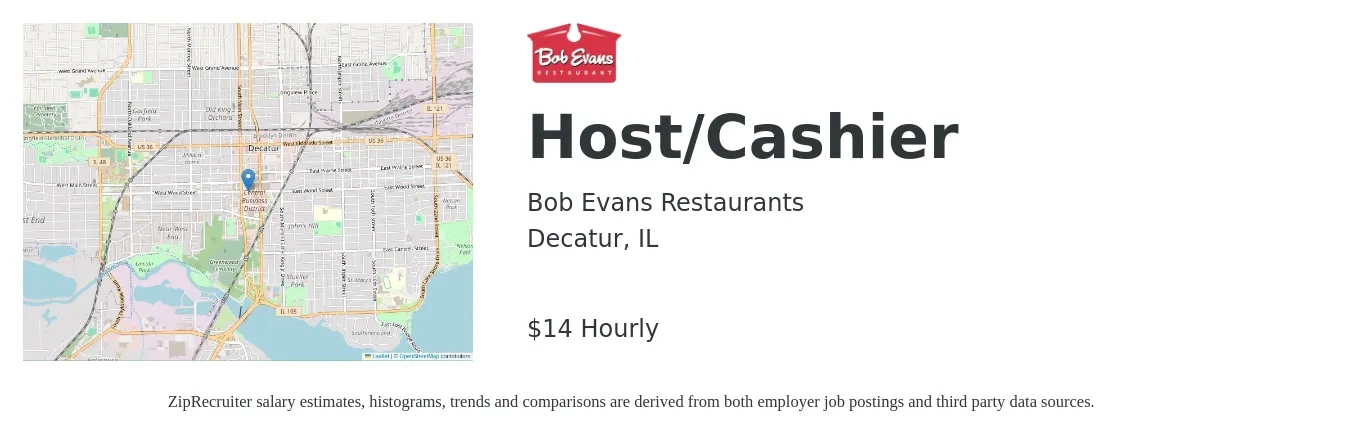 Bob Evans Restaurants job posting for a Host/Cashier in Decatur, IL with a salary of $15 Hourly with a map of Decatur location.
