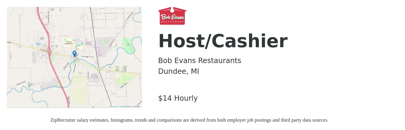 Bob Evans Restaurants job posting for a Host/Cashier in Dundee, MI with a salary of $15 Hourly with a map of Dundee location.