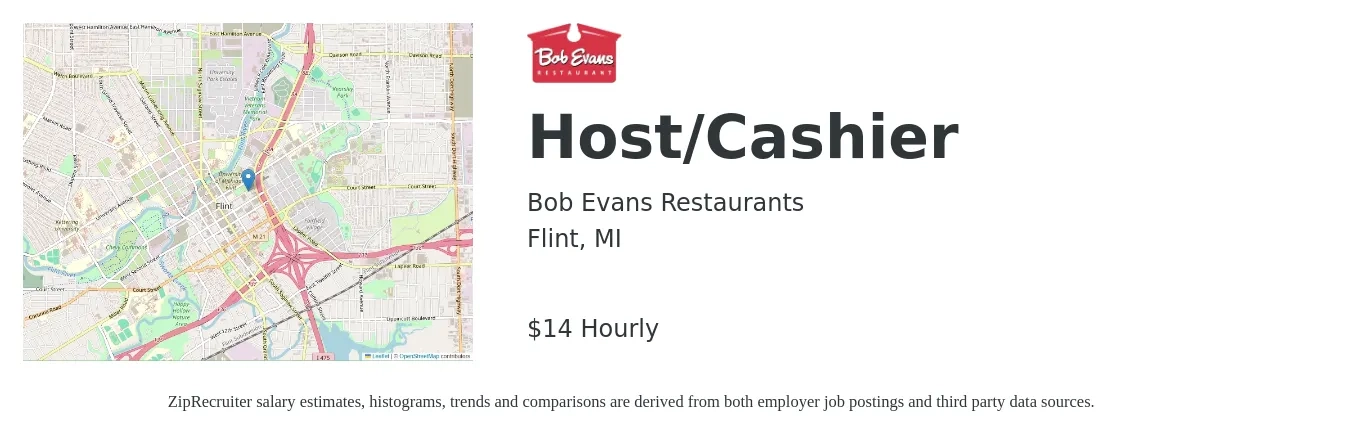 Bob Evans Restaurants job posting for a Host/Cashier in Flint, MI with a salary of $15 Hourly with a map of Flint location.