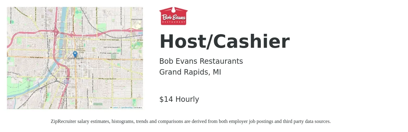 Bob Evans Restaurants job posting for a Host/Cashier in Grand Rapids, MI with a salary of $15 Hourly with a map of Grand Rapids location.