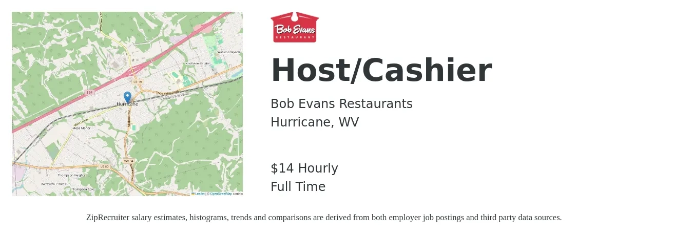 Bob Evans Restaurants job posting for a Host/Cashier in Hurricane, WV with a salary of $15 Hourly with a map of Hurricane location.