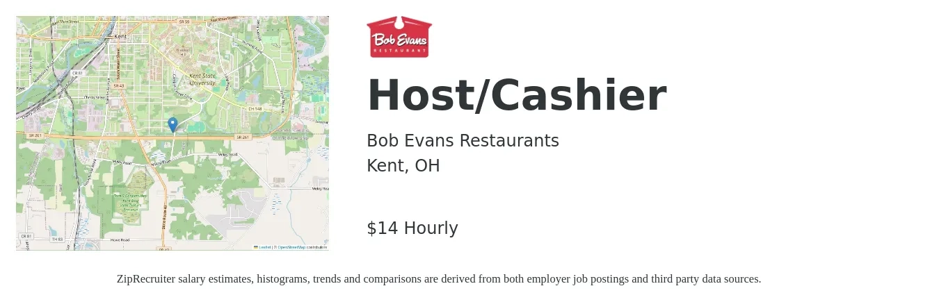 Bob Evans Restaurants job posting for a Host/Cashier in Kent, OH with a salary of $15 Hourly with a map of Kent location.