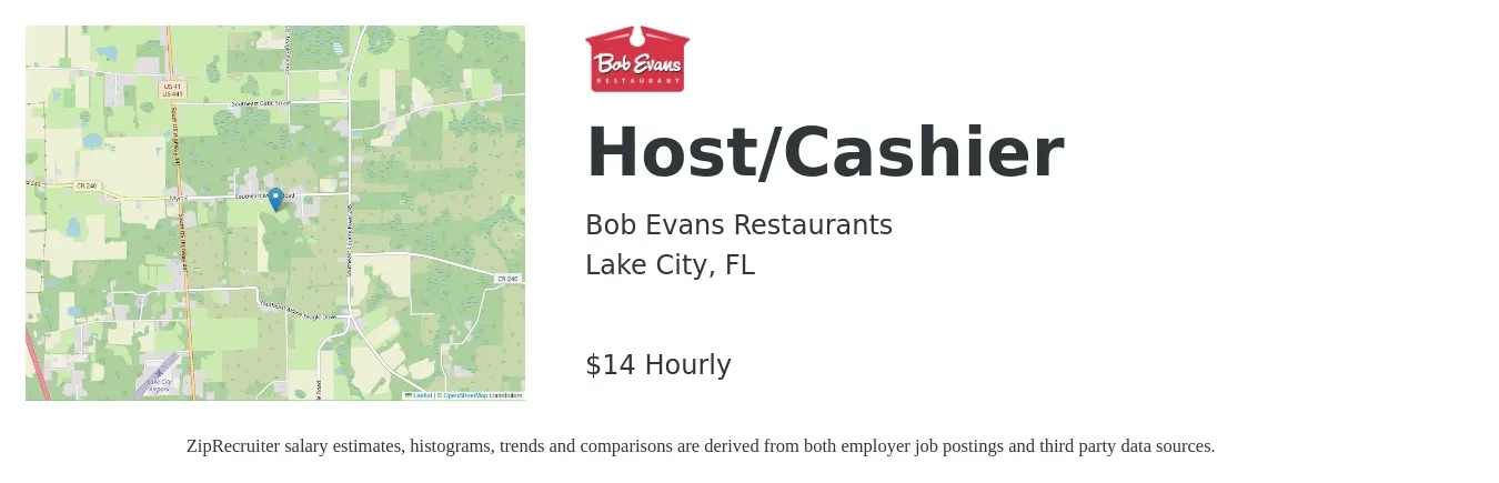 Bob Evans Restaurants job posting for a Host/Cashier in Lake City, FL with a salary of $15 Hourly with a map of Lake City location.