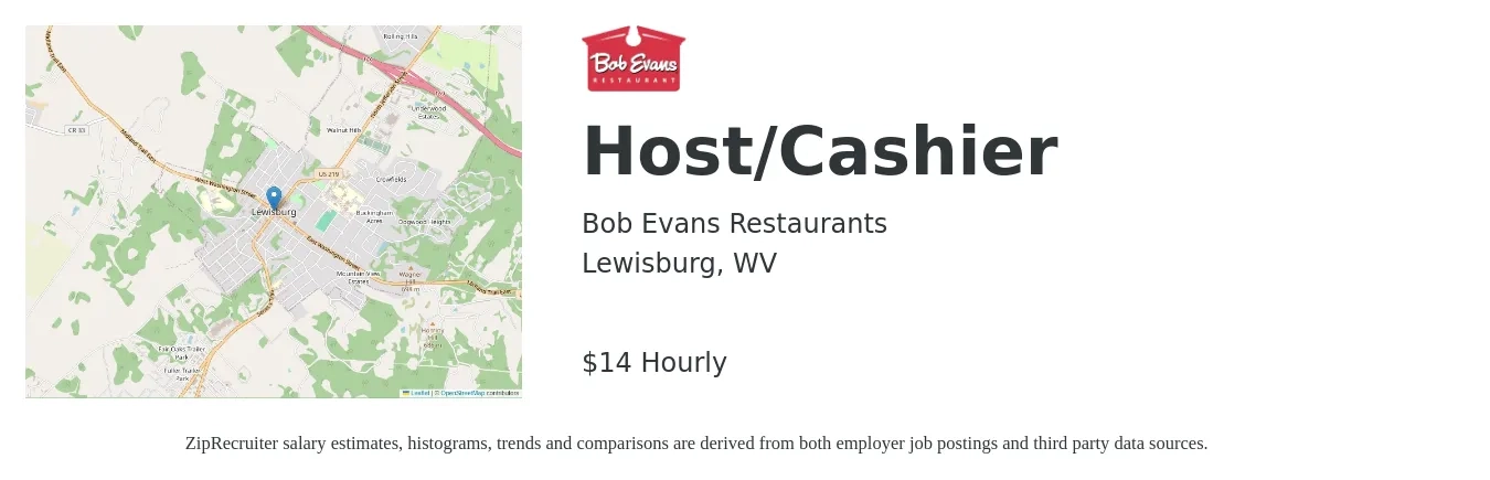 Bob Evans Restaurants job posting for a Host/Cashier in Lewisburg, WV with a salary of $15 Hourly with a map of Lewisburg location.