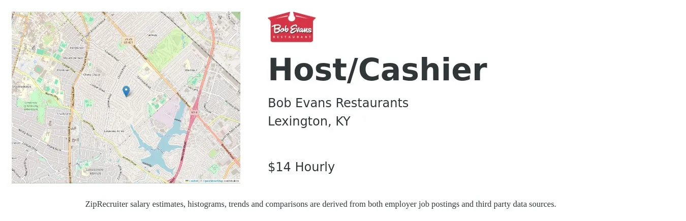 Bob Evans Restaurants job posting for a Host/Cashier in Lexington, KY with a salary of $15 Hourly with a map of Lexington location.