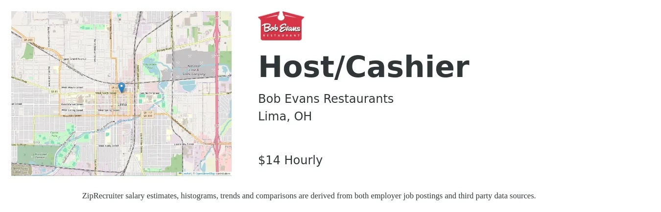 Bob Evans Restaurants job posting for a Host/Cashier in Lima, OH with a salary of $15 Hourly with a map of Lima location.