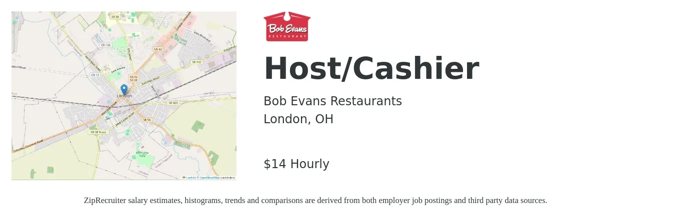 Bob Evans Restaurants job posting for a Host/Cashier in London, OH with a salary of $15 Hourly with a map of London location.