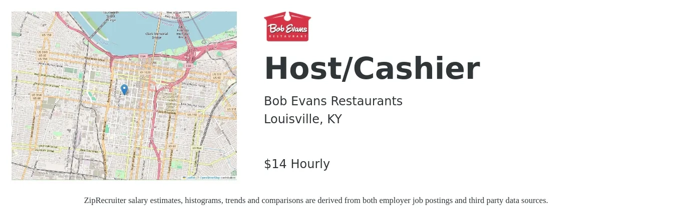 Bob Evans Restaurants job posting for a Host/Cashier in Louisville, KY with a salary of $15 Hourly with a map of Louisville location.
