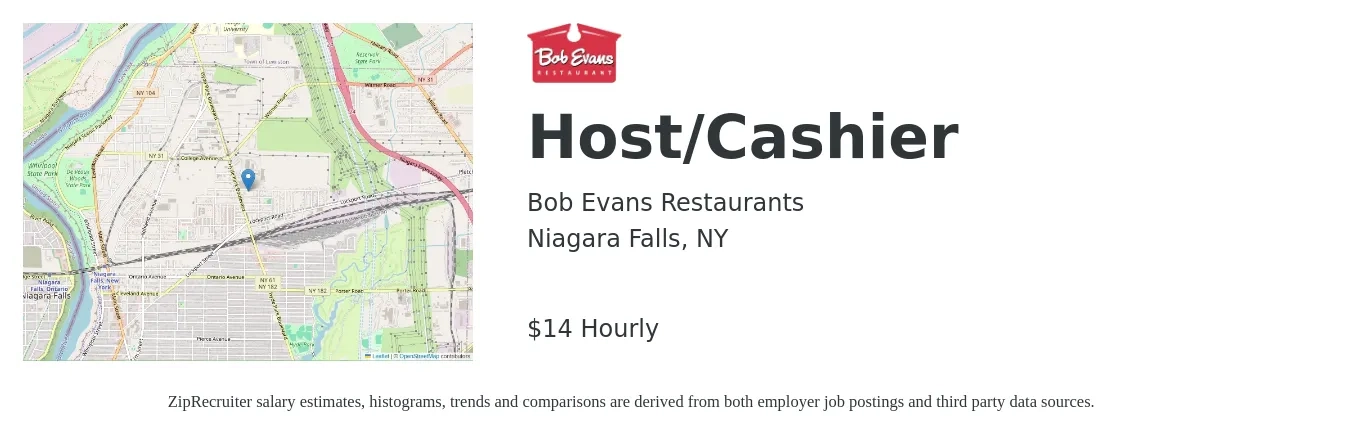 Bob Evans Restaurants job posting for a Host/Cashier in Niagara Falls, NY with a salary of $15 Hourly with a map of Niagara Falls location.