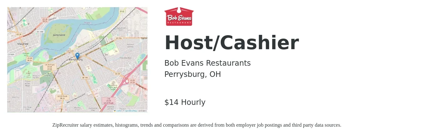 Bob Evans Restaurants job posting for a Host/Cashier in Perrysburg, OH with a salary of $15 Hourly with a map of Perrysburg location.