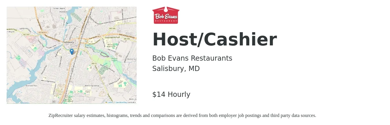 Bob Evans Restaurants job posting for a Host/Cashier in Salisbury, MD with a salary of $15 Hourly with a map of Salisbury location.