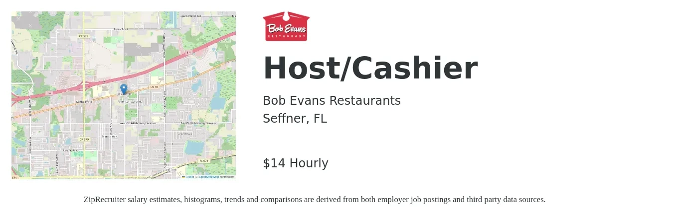 Bob Evans Restaurants job posting for a Host/Cashier in Seffner, FL with a salary of $15 Hourly with a map of Seffner location.