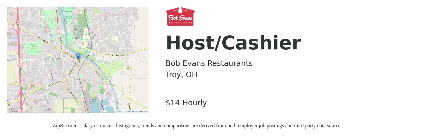Bob Evans Restaurants job posting for a Host/Cashier in Troy, OH with a salary of $15 Hourly with a map of Troy location.