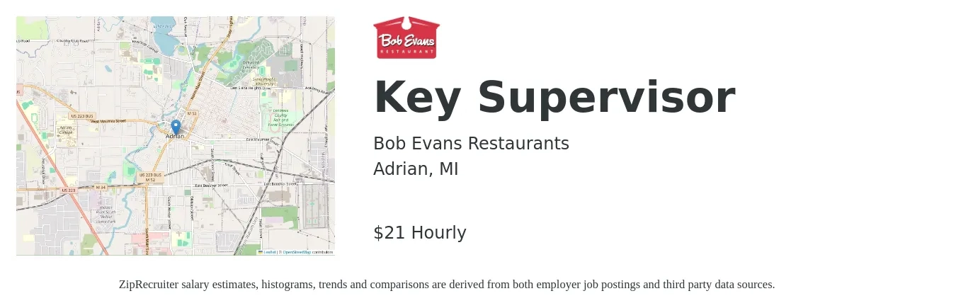 Bob Evans Restaurants job posting for a Key Supervisor in Adrian, MI with a salary of $22 Hourly with a map of Adrian location.