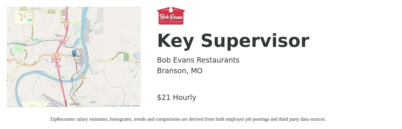 Bob Evans Restaurants job posting for a Key Supervisor in Branson, MO with a salary of $22 Hourly with a map of Branson location.