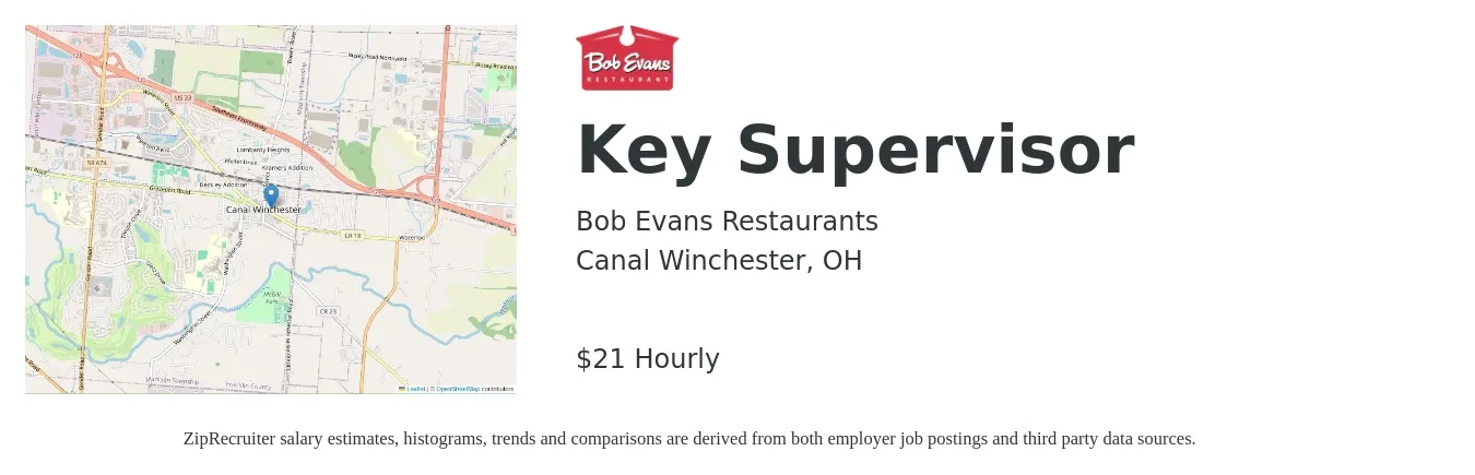 Bob Evans Restaurants job posting for a Key Supervisor in Canal Winchester, OH with a salary of $22 Hourly with a map of Canal Winchester location.