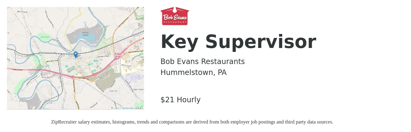 Bob Evans Restaurants job posting for a Key Supervisor in Hummelstown, PA with a salary of $22 Hourly with a map of Hummelstown location.