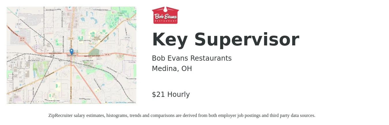 Bob Evans Restaurants job posting for a Key Supervisor in Medina, OH with a salary of $22 Hourly with a map of Medina location.