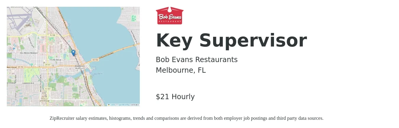Bob Evans Restaurants job posting for a Key Supervisor in Melbourne, FL with a salary of $22 Hourly with a map of Melbourne location.