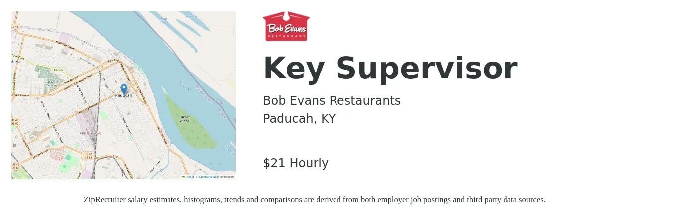 Bob Evans Restaurants job posting for a Key Supervisor in Paducah, KY with a salary of $22 Hourly with a map of Paducah location.
