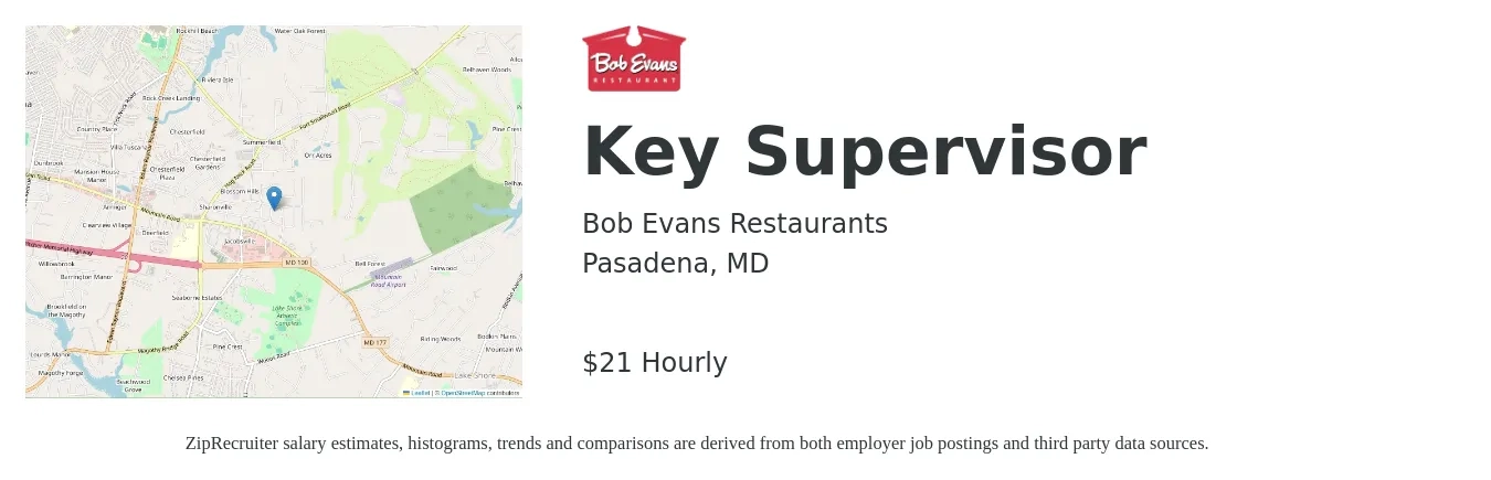 Bob Evans Restaurants job posting for a Key Supervisor in Pasadena, MD with a salary of $22 Hourly with a map of Pasadena location.