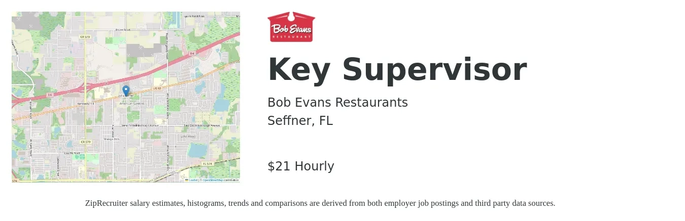 Bob Evans Restaurants job posting for a Key Supervisor in Seffner, FL with a salary of $22 Hourly with a map of Seffner location.