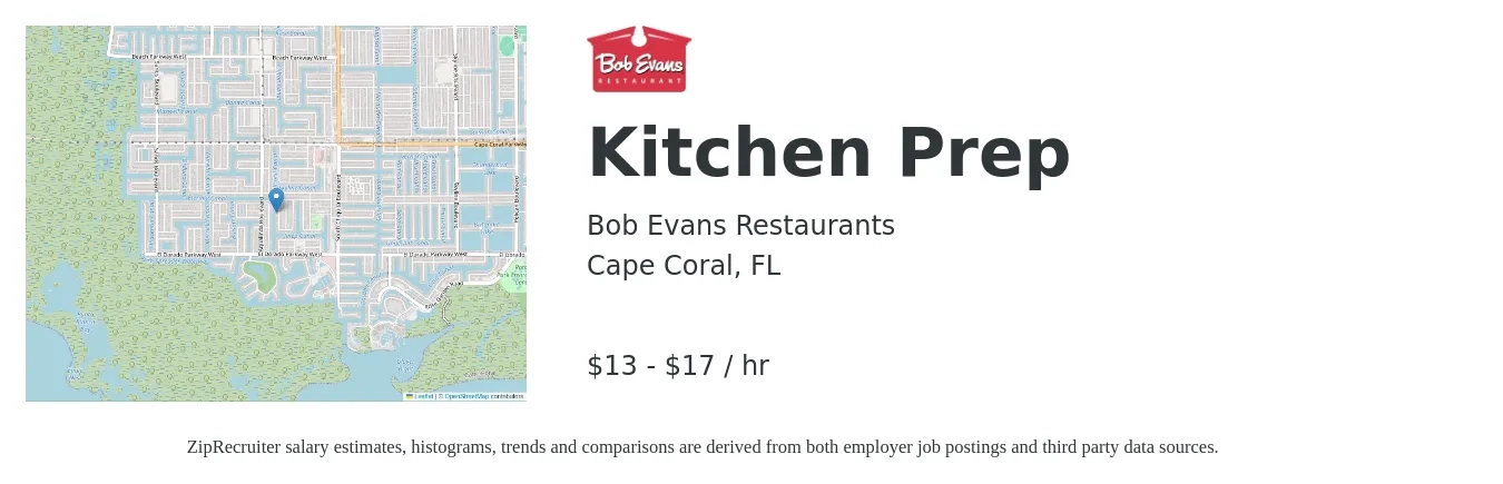 Bob Evans Restaurants job posting for a Kitchen Prep in Cape Coral, FL with a salary of $14 to $18 Hourly with a map of Cape Coral location.