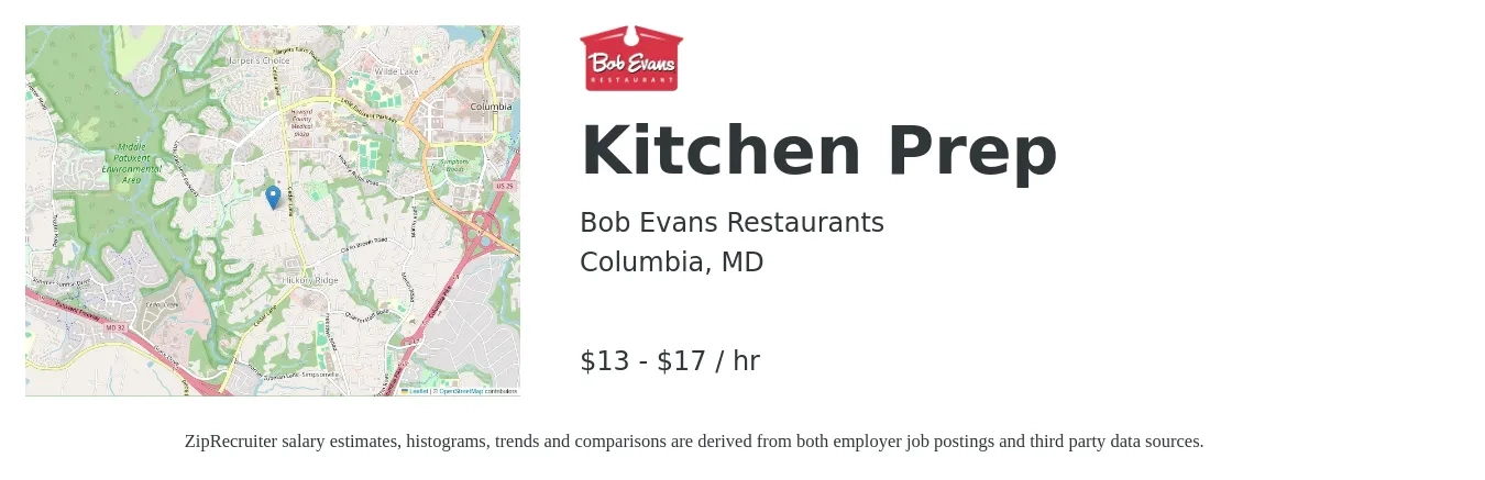 Bob Evans Restaurants job posting for a Kitchen Prep in Columbia, MD with a salary of $14 to $18 Hourly with a map of Columbia location.