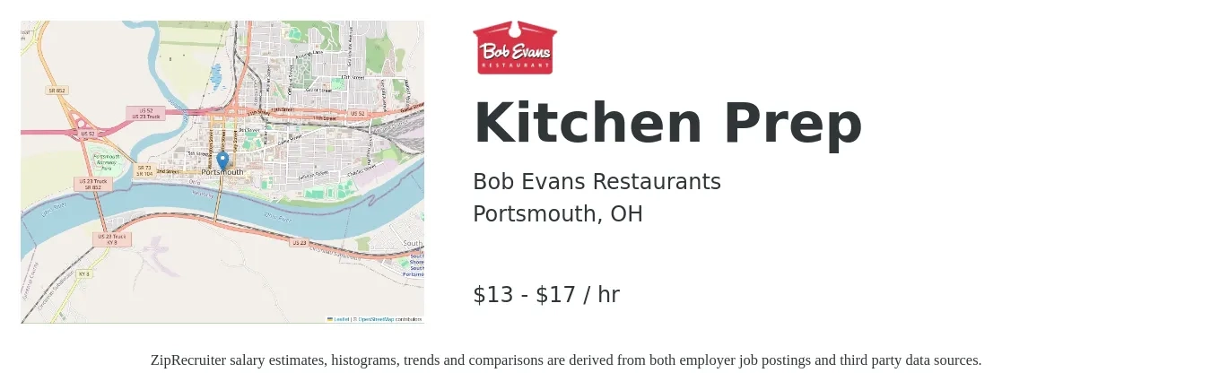 Bob Evans Restaurants job posting for a Kitchen Prep in Portsmouth, OH with a salary of $14 to $18 Hourly with a map of Portsmouth location.
