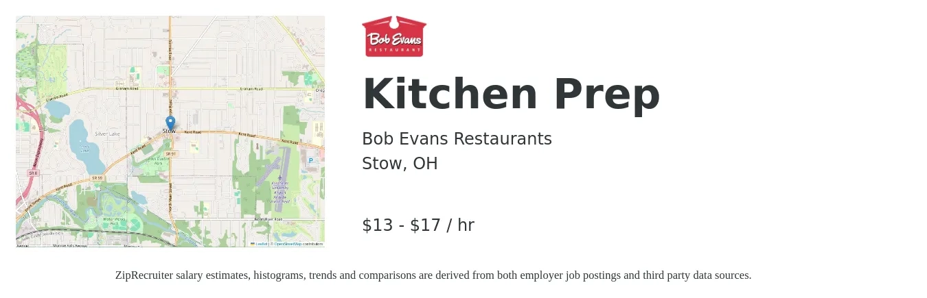 Bob Evans Restaurants job posting for a Kitchen Prep in Stow, OH with a salary of $14 to $18 Hourly with a map of Stow location.