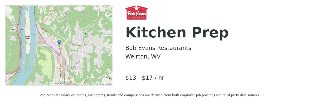 Bob Evans Restaurants job posting for a Kitchen Prep in Weirton, WV with a salary of $14 to $18 Hourly with a map of Weirton location.