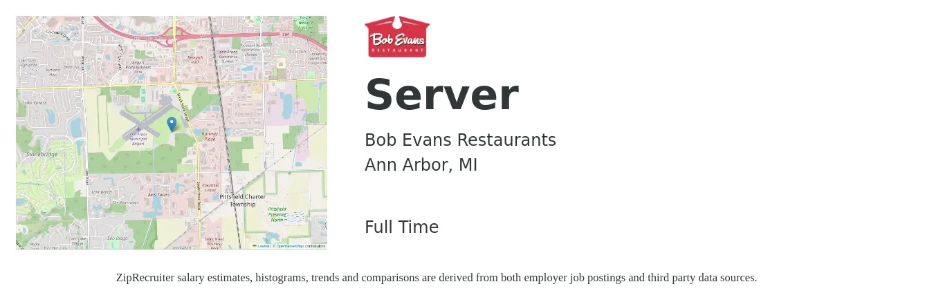 Bob Evans Restaurants job posting for a Server in Ann Arbor, MI with a salary of $11 to $18 Hourly with a map of Ann Arbor location.