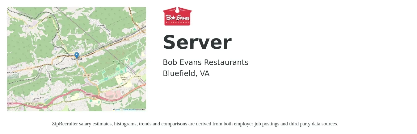 Bob Evans Restaurants job posting for a Server in Bluefield, VA with a salary of $9 to $16 Hourly with a map of Bluefield location.