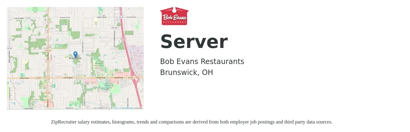 Bob Evans Restaurants job posting for a Server in Brunswick, OH with a salary of $10 to $16 Hourly with a map of Brunswick location.