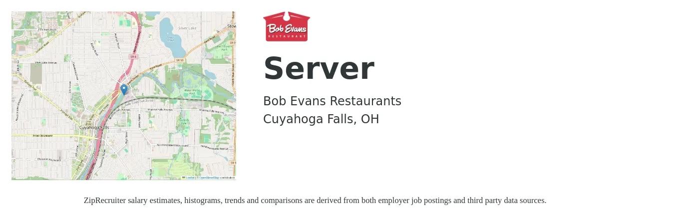 Bob Evans Restaurants job posting for a Server in Cuyahoga Falls, OH with a salary of $10 to $16 Hourly with a map of Cuyahoga Falls location.