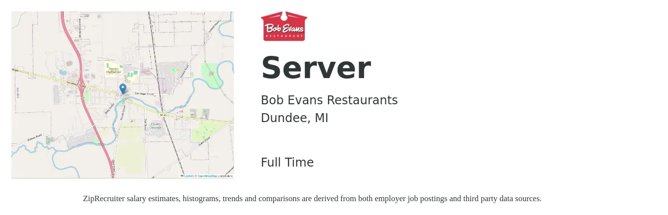 Bob Evans Restaurants job posting for a Server in Dundee, MI with a salary of $10 to $17 Hourly with a map of Dundee location.