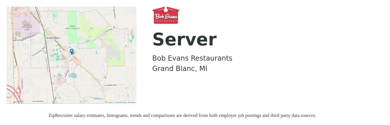 Bob Evans Restaurants job posting for a Server in Grand Blanc, MI with a salary of $9 to $15 Hourly with a map of Grand Blanc location.