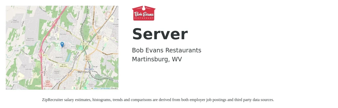 Bob Evans Restaurants job posting for a Server in Martinsburg, WV with a salary of $11 to $18 Hourly with a map of Martinsburg location.