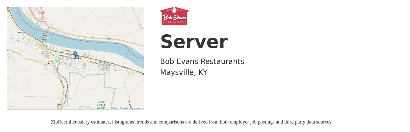Bob Evans Restaurants job posting for a Server in Maysville, KY with a salary of $9 to $15 Hourly with a map of Maysville location.