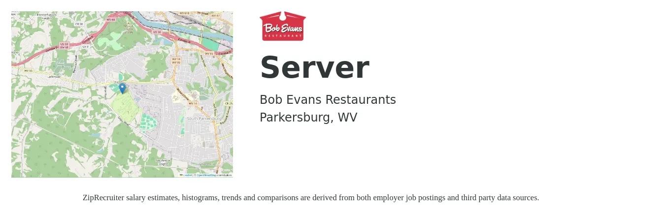Bob Evans Restaurants job posting for a Server in Parkersburg, WV with a salary of $10 to $18 Hourly with a map of Parkersburg location.