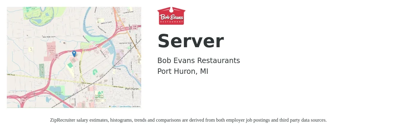 Bob Evans Restaurants job posting for a Server in Port Huron, MI with a salary of $10 to $17 Hourly with a map of Port Huron location.