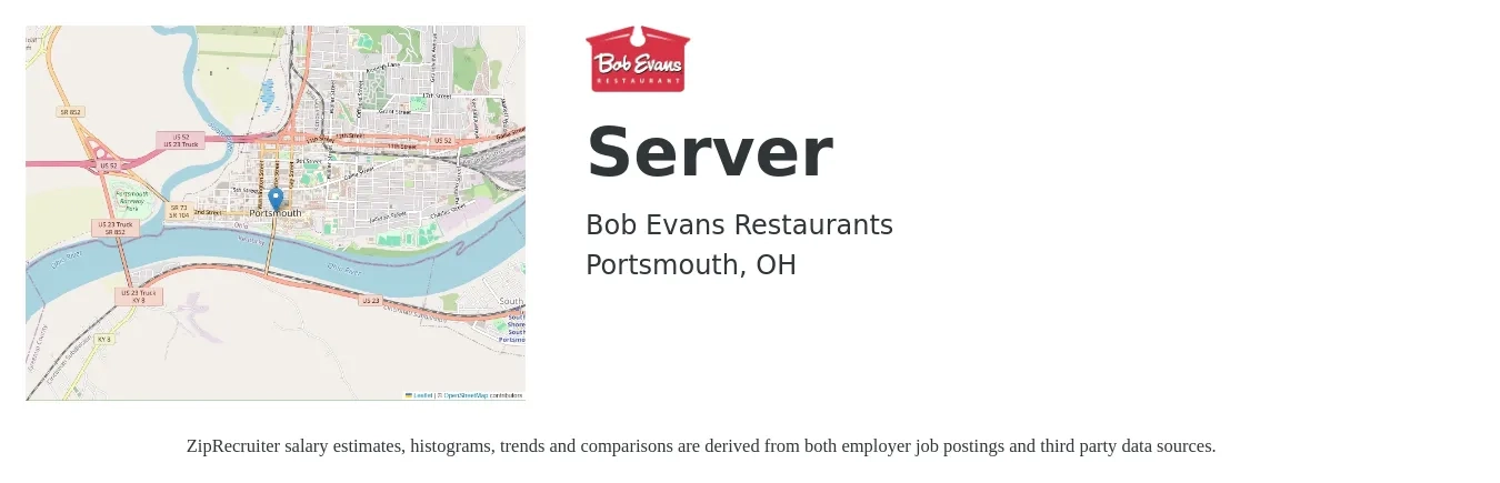 Bob Evans Restaurants job posting for a Server in Portsmouth, OH with a salary of $9 to $14 Hourly with a map of Portsmouth location.