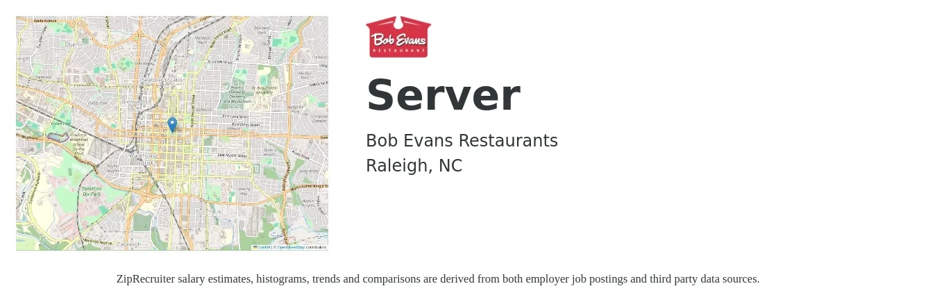 Bob Evans Restaurants job posting for a Server in Raleigh, NC with a salary of $9 to $16 Hourly with a map of Raleigh location.