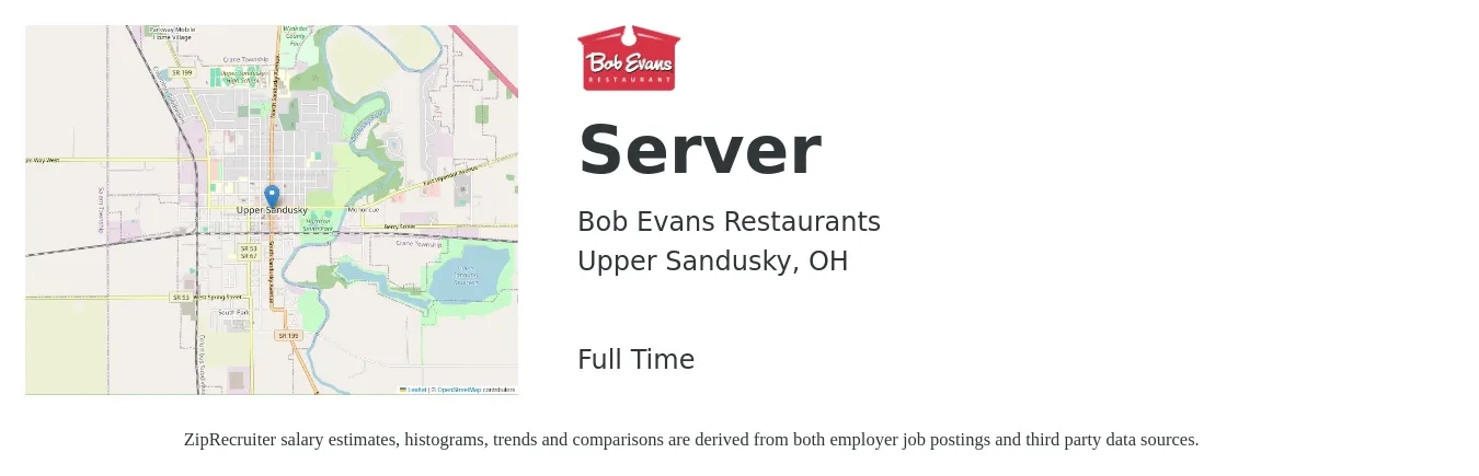 Bob Evans Restaurants job posting for a Server in Upper Sandusky, OH with a salary of $10 to $18 Hourly with a map of Upper Sandusky location.